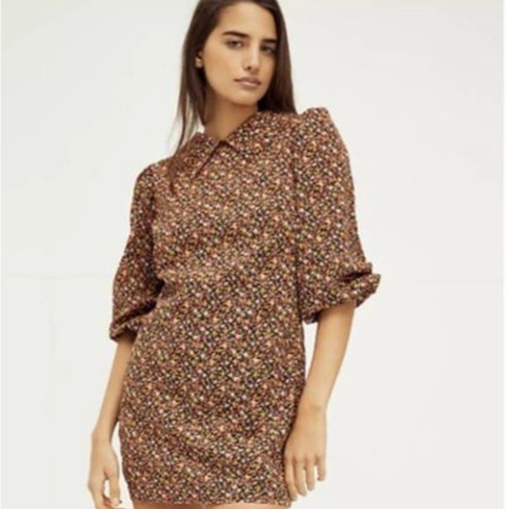 Free People floral Dress With Brown Ruched Puff Sleeves